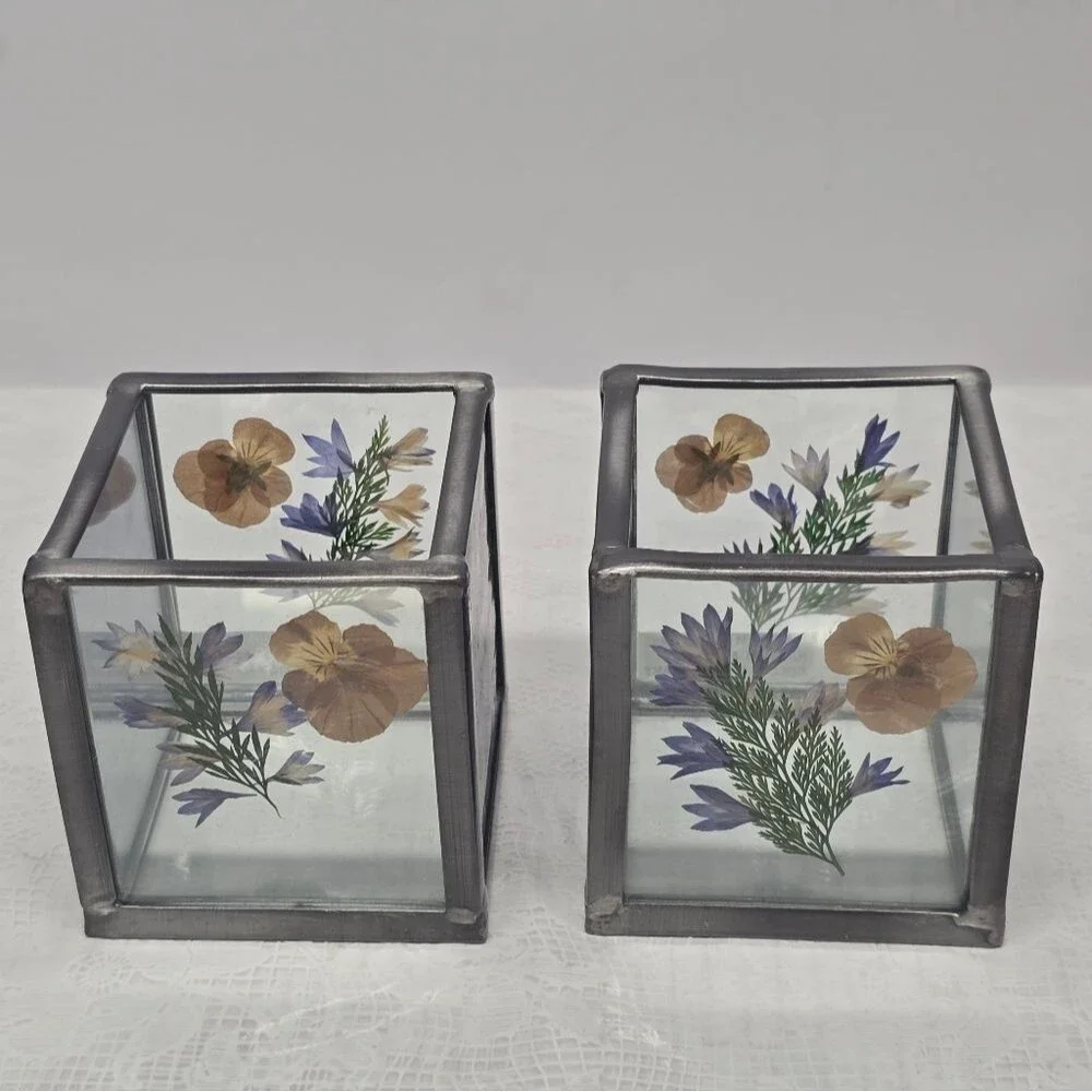 Vintage Pressed Dried Flower Stained Glass Tealight Votive Candle Holders Set